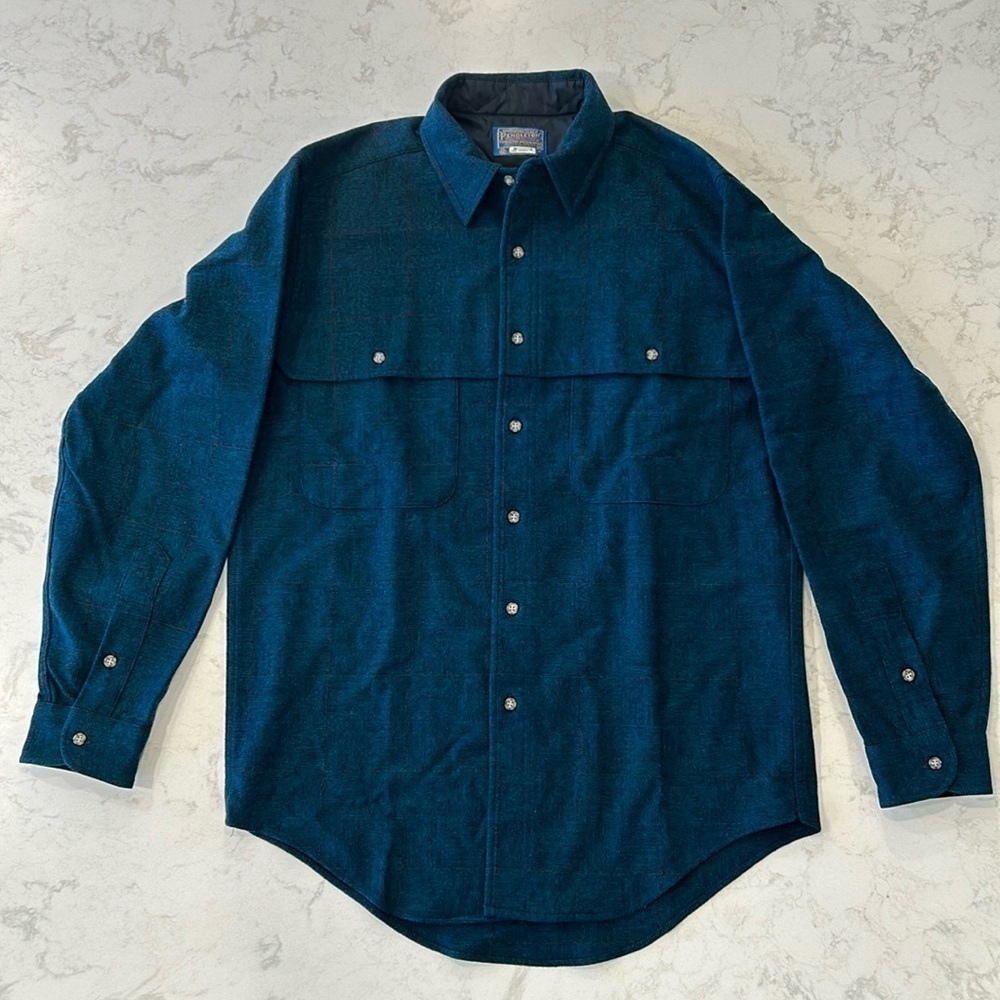 VINTAGE Pendleton Board Shirt Medium Blue Loop Collar Virgin Wool 70s Shacket